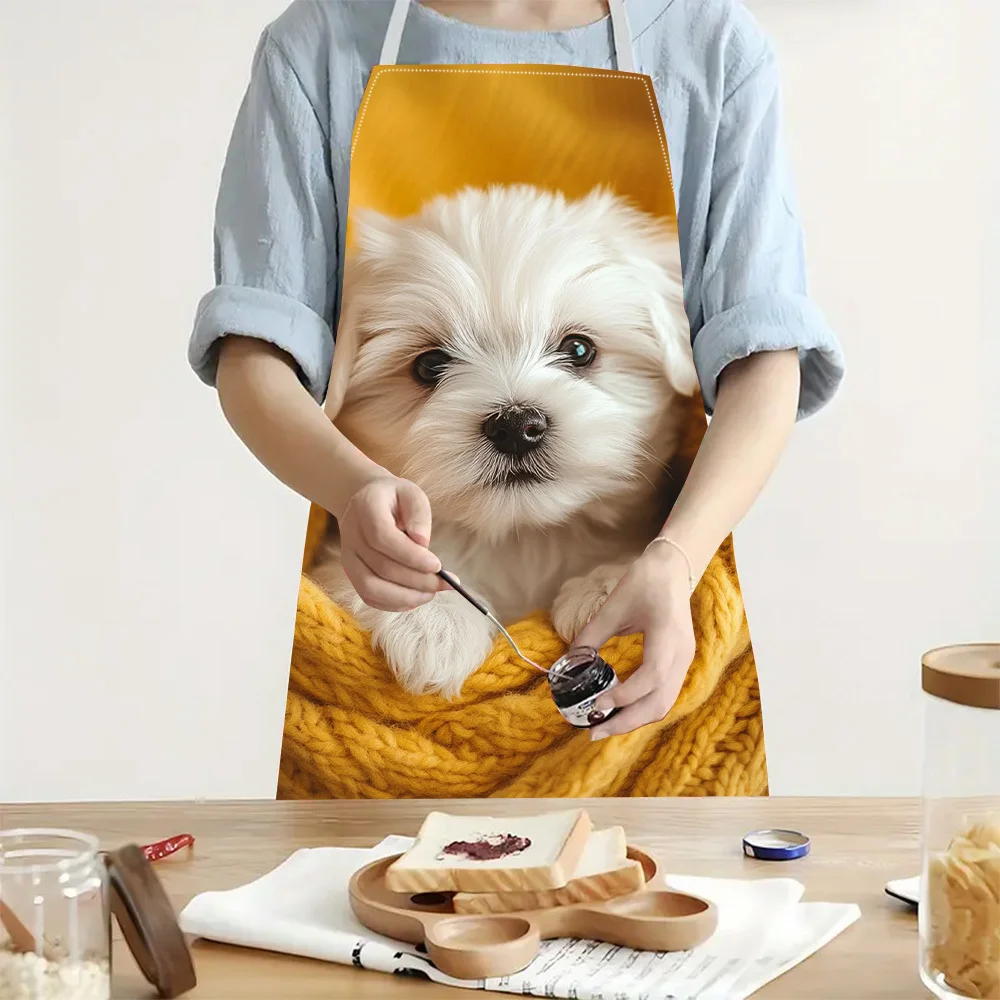 Cute White Puppy Apron, Fluffy Dog Kitchen Bib, Realistic Pet Lover Cooking Apron, Cozy Animal Chef Waistcloth, Dog Mom Gift