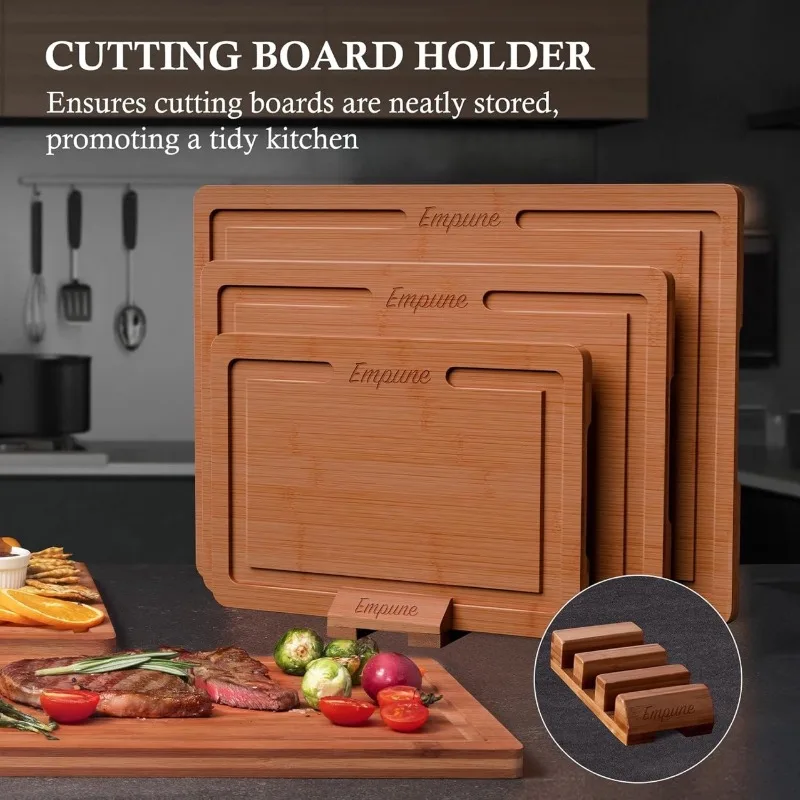 

Bamboo Cutting Board Set of 3 Carbonized Color Kitchen Chopping Boards with Juice Groove Antibacterial Kitchen Tools