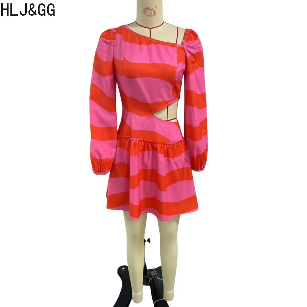 HLJ&GG Rose Red Casual Off Shoulder Hollow Out A-line Mini Dresses Women Print  Long Sleeve Vestidos Female Slim Clothing 2024