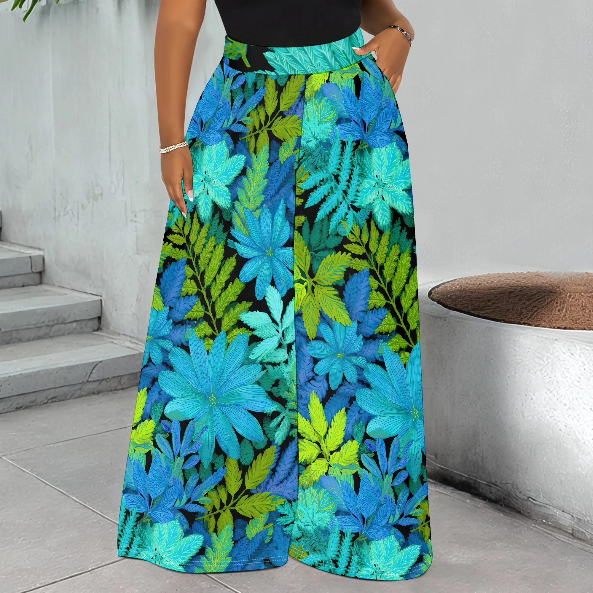 Tropical Floral Print Wide Leg Pants, Blue Leaf Pattern Trousers, Green Botanical Design Palazzo Pants for Women, S-3XL