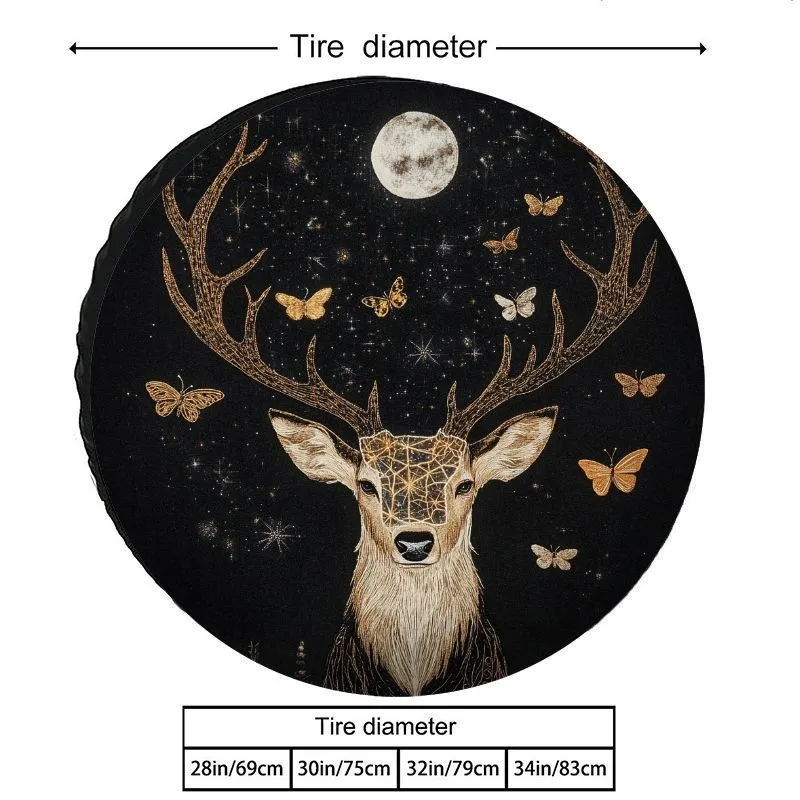 

Geometric Deer Tire Cover Black Polyester Durable Vintage Animal Moon Star Spare Wheel Protector
