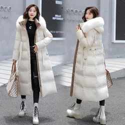 2022Winter New Cotton Clothing Big Fur Collar Mid-Length Slim-Fit Belt Elegant down Cotton-Padded Coat for Women5904