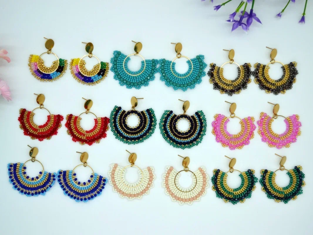 Beaded earrings Roundness Hollow out Female Chroma Retro Tide Simple Hand knitting Bohemia Alloy Crystal Rice bead earrings