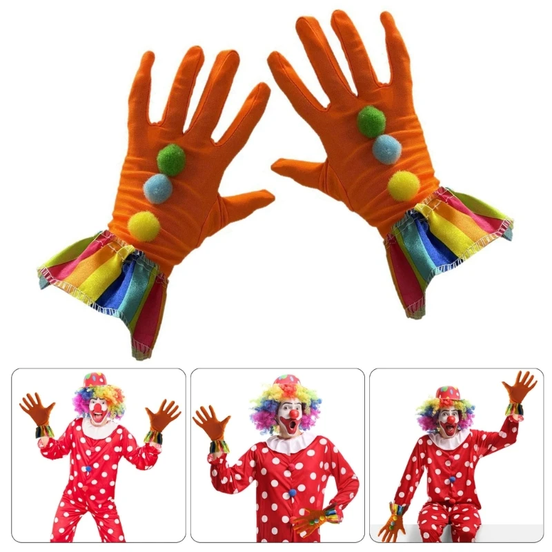 Funny Cosplay Clown Gloves For Halloween And Carnival Parties Soft Polyester Satined Pompoms Gloves With Elastic Design