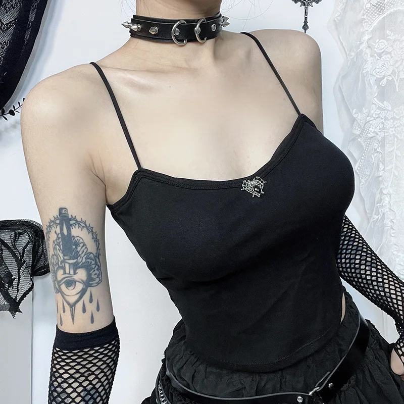 Goth Dark Gothic Aesthetic Spider Web Backless Camisole Black Grunge Sleeveless Crop Tops Sexy E-girl Straps Tank Top Alt Cloth