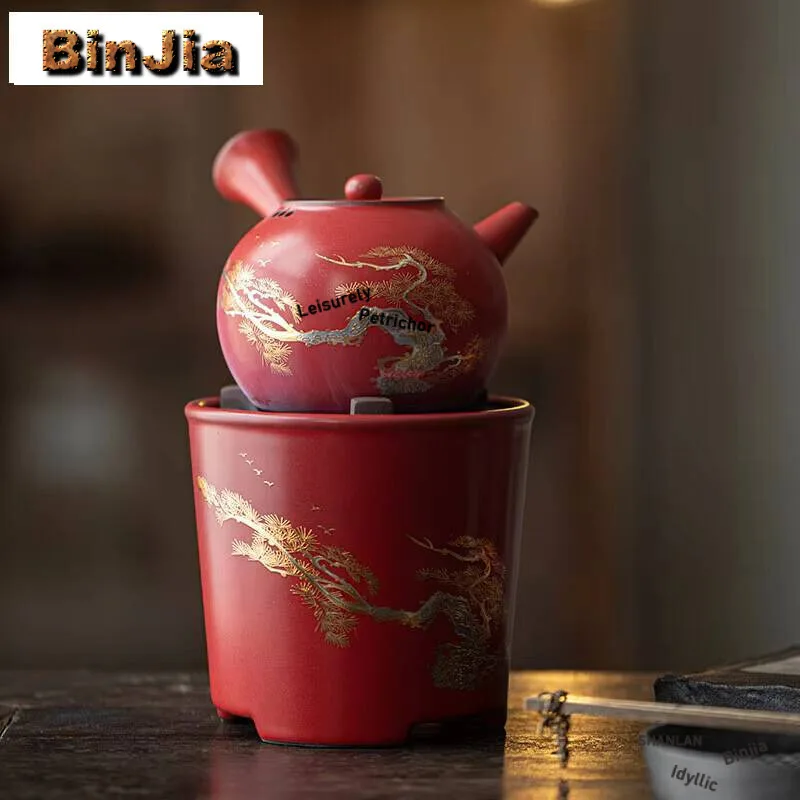 Hawthorn Red Tea Warmer Stove Set Japanese Golden Pine Teapot Creative Kettle Stand Teaset Supplies Decoration Collection Craft