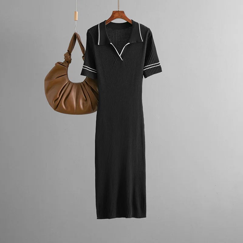 فستان نسائي ملفوف على الورك بأكمام قصيرة فساتين طويلة متماسكة وياقة مقلوبة بقصة ضيقة وأنيقة من فيستدوس محبوكة أنيقة