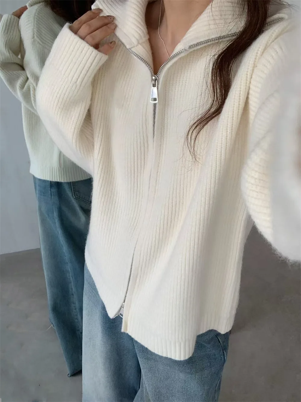 2025 Korean lazy style double zipper knitted cardigan jacket for women's autumn and winter solid color loose sweater women's top