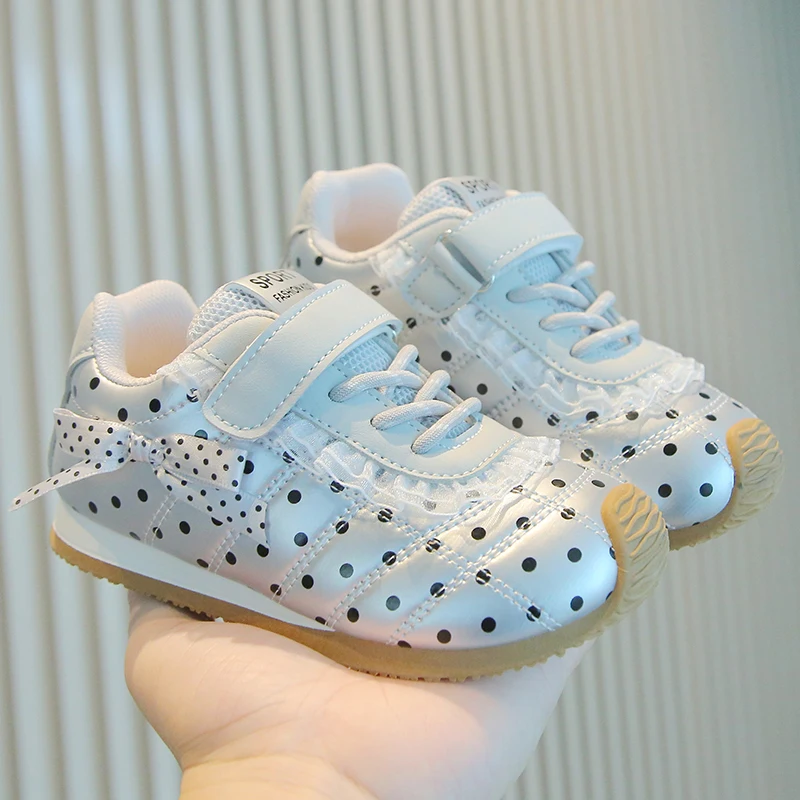 Toddler Kids Polka Dot Retro Sneakers Lace Bow Breathable Hook-loop Children Casual Shoes Soft Non-Slip Walking Shoes for Girls