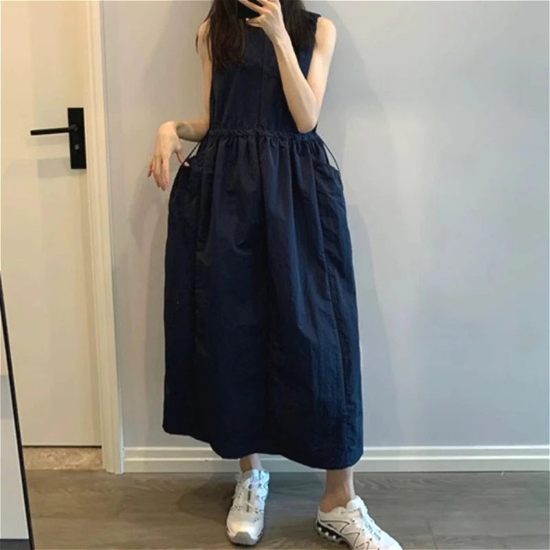 Long Dress Women Vest Dresses A Line Vestidos Y2k Streetwear Elegant Splice Party Night Work Sleevless Drawstring Tight Waist