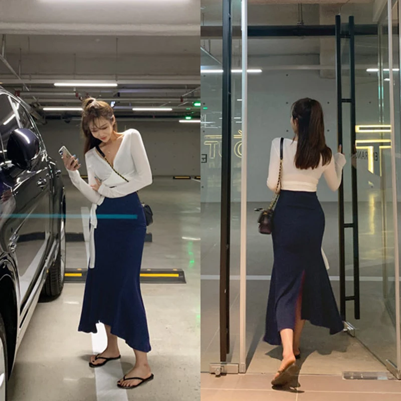 South korea Dongdaemun Fashion Comfortable New Trendy Women High Waist Hip Skirt Back Slit Irregular Fishtail Skirt