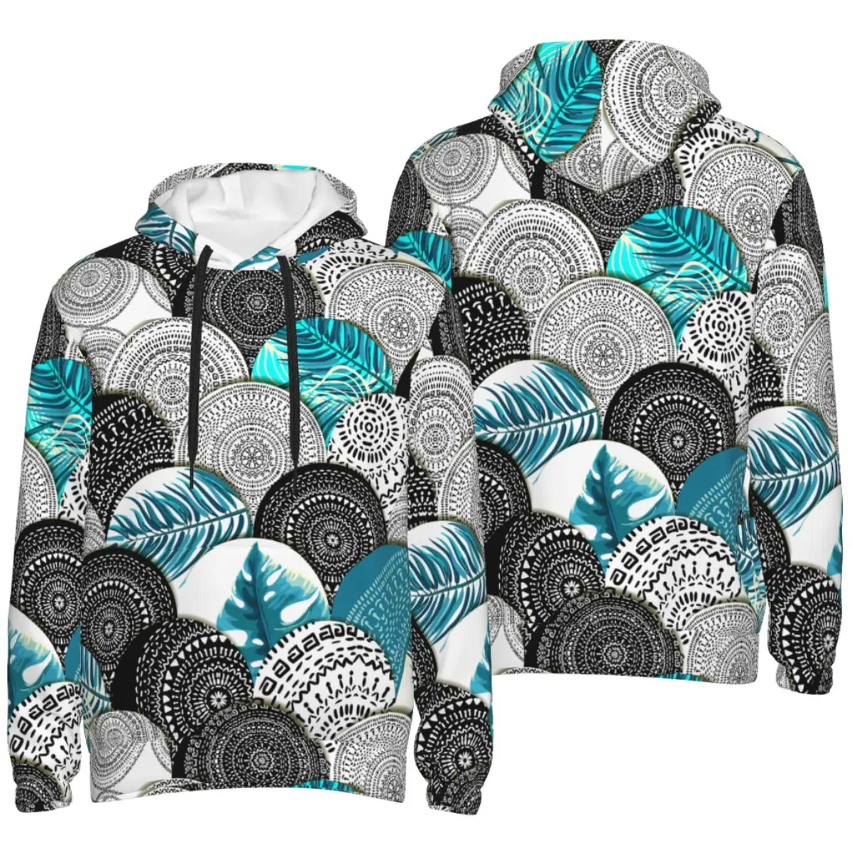 Men's Women's Boho Tropical Tiled Pattern With Blue Plants Floral Hoodies With Pocket Loose Fit Long Sleeve Sweatshirts