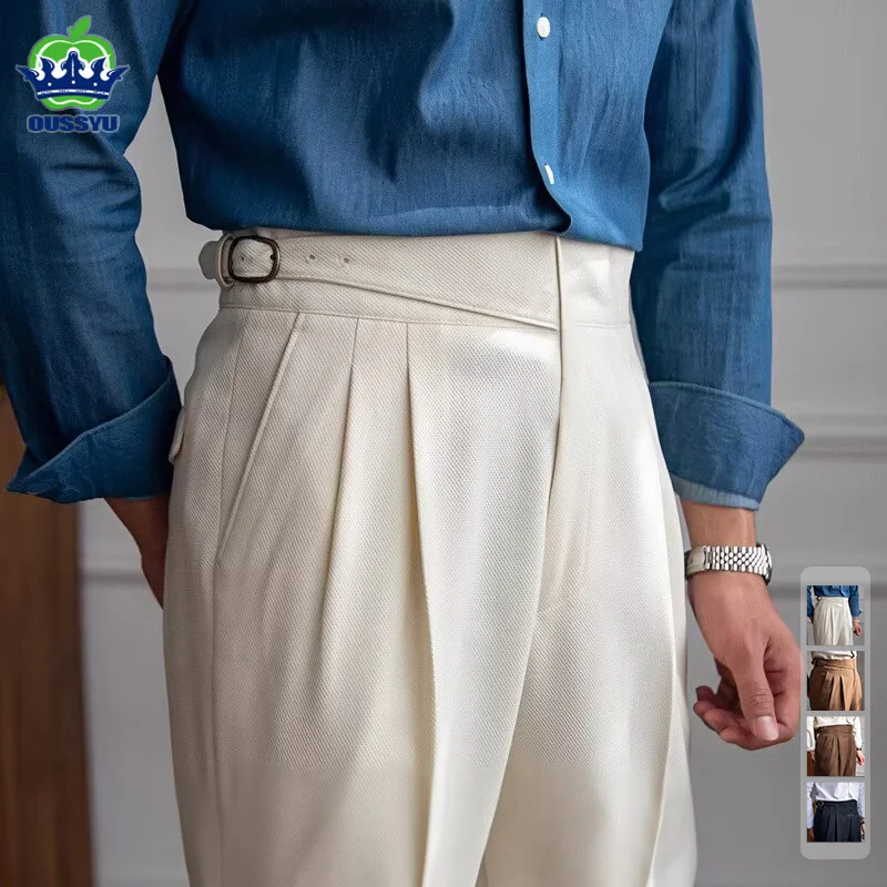 Classics Italian Naples Style White Men's Suit Pants Men High Waisted Straight Fit Work Formal British Business Brand Trousers