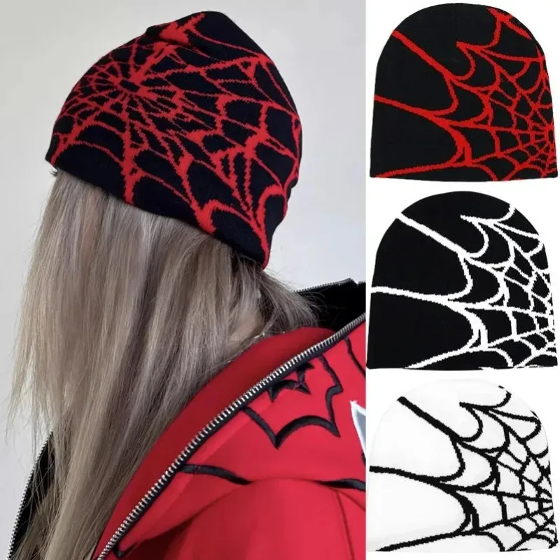 Halloween Knitting Spider Web Design Hat for Men Women Pullover Pile Cap Y2k Goth Warm Beanie Hats New Hip-hop Street Cap