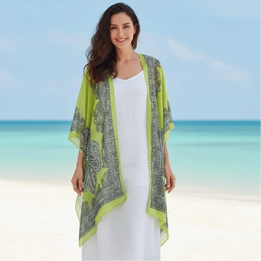 

Breathable Big Printed Flower Shawl Long Polyester Sunscreen Thin Large Scarf with Buckle Lightweight Seaside Vacation Cloak