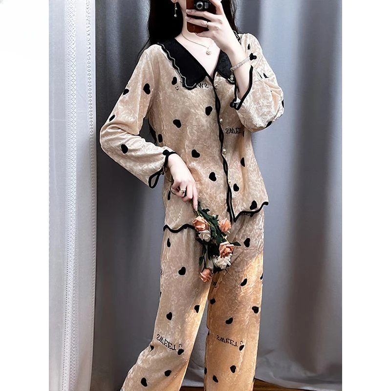 Top Grade  Velvet Pajamas  Lady  Autumn and Winter  Long Sleeved  Button  Sexy  Lapel Collar  Home Clothing Set  New Doll Collar