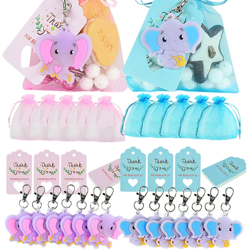 10Sets Blue Pink Elephant Keychain Baby Shower Souvenirs Gifts Bags With Thank You Tag Label For Guest Kids Birthday Party Decor