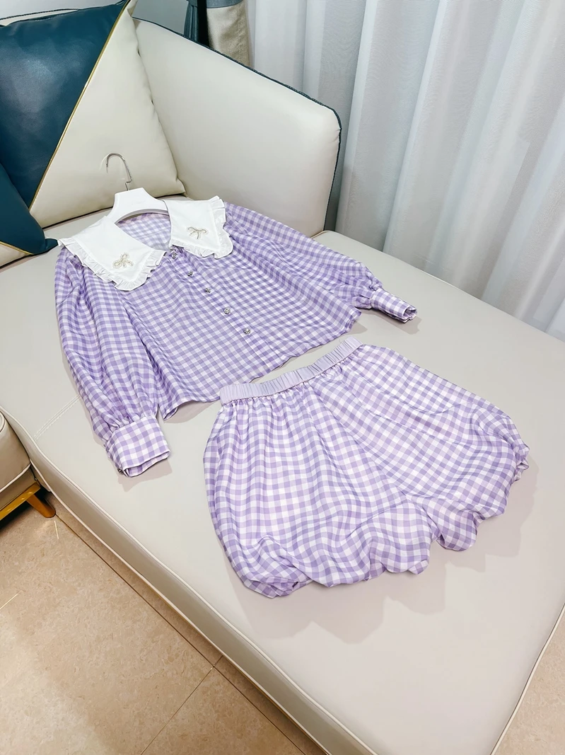 

Кукольный воротник Ele в клетку и блузер с высокой талией, комплект из двух предметов для молодых женщин, весенне-летний наряд Faion