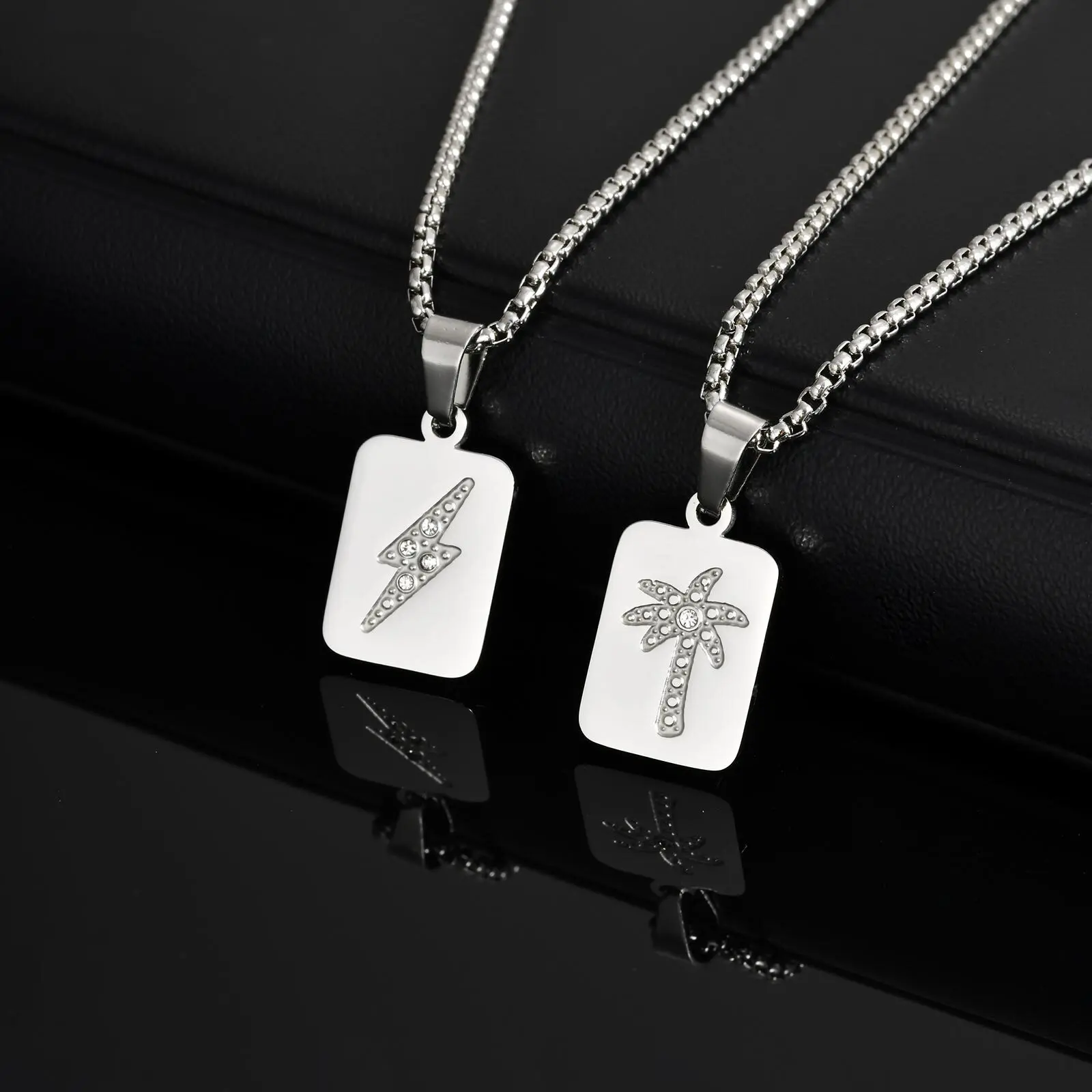

Men's Small Square Necklace,Coconut Tree Lightning Pattern Stainless Steel Pendant with Zircon,Hip Hop Stylish Jewelry Gifts