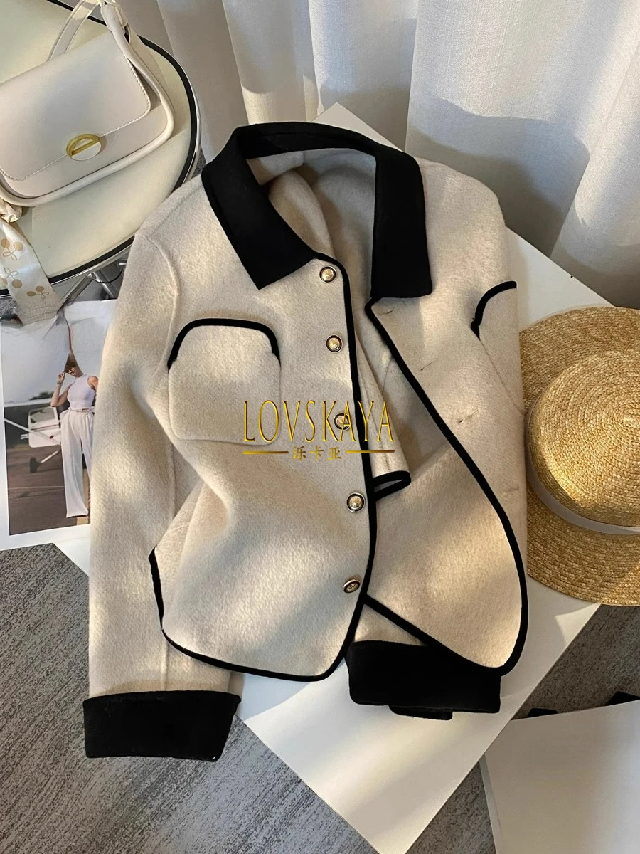 Retro contrasting collar woolen short jacket for women fragrant and fashionable high-end and stylish jacket top