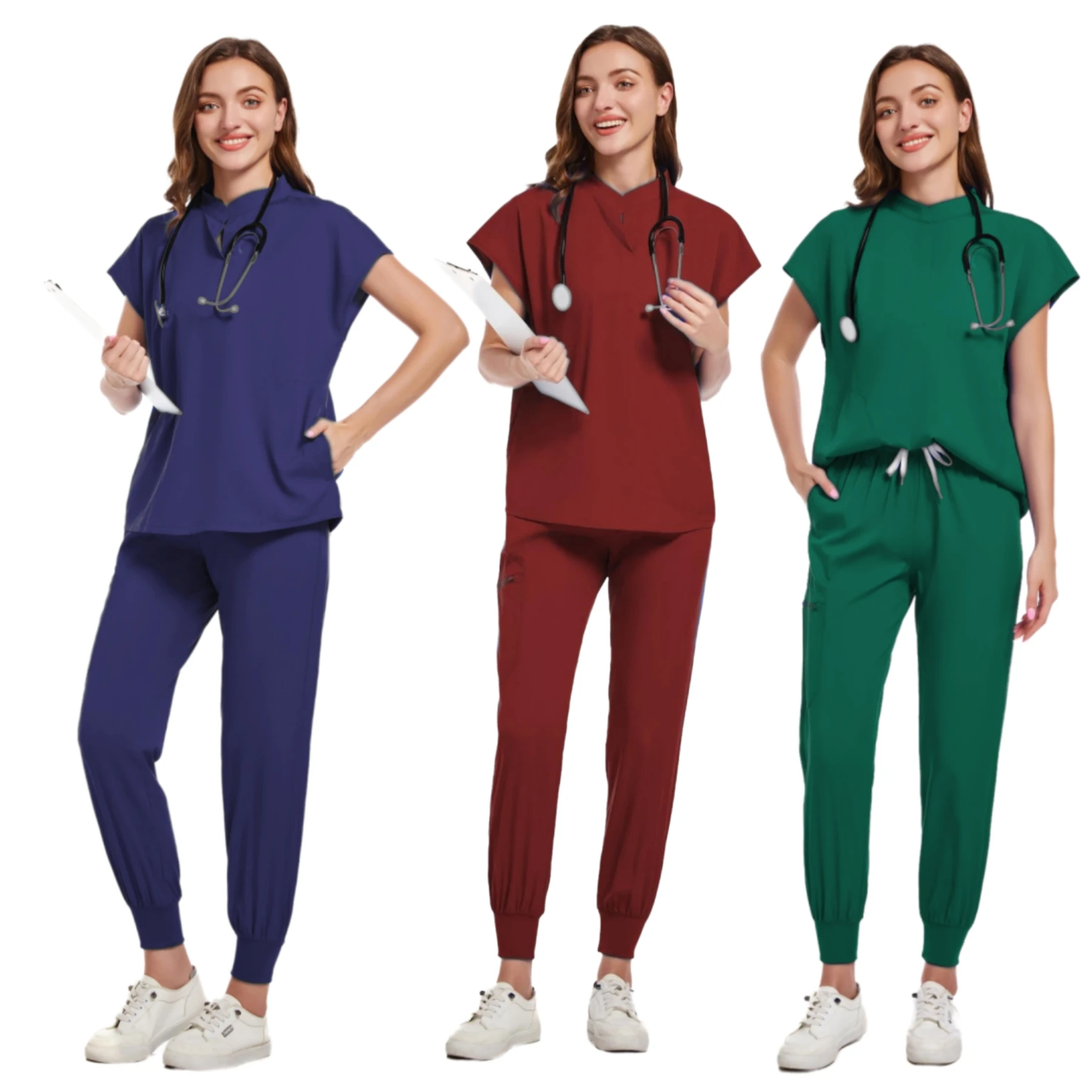 Vestuário Cirúrgico Hospitalar Feminino, Top de Manga Curta, Calças, Acessórios de Enfermagem, Roupa dos Médicos, Uniformes Médicos, Conjunto Elástico