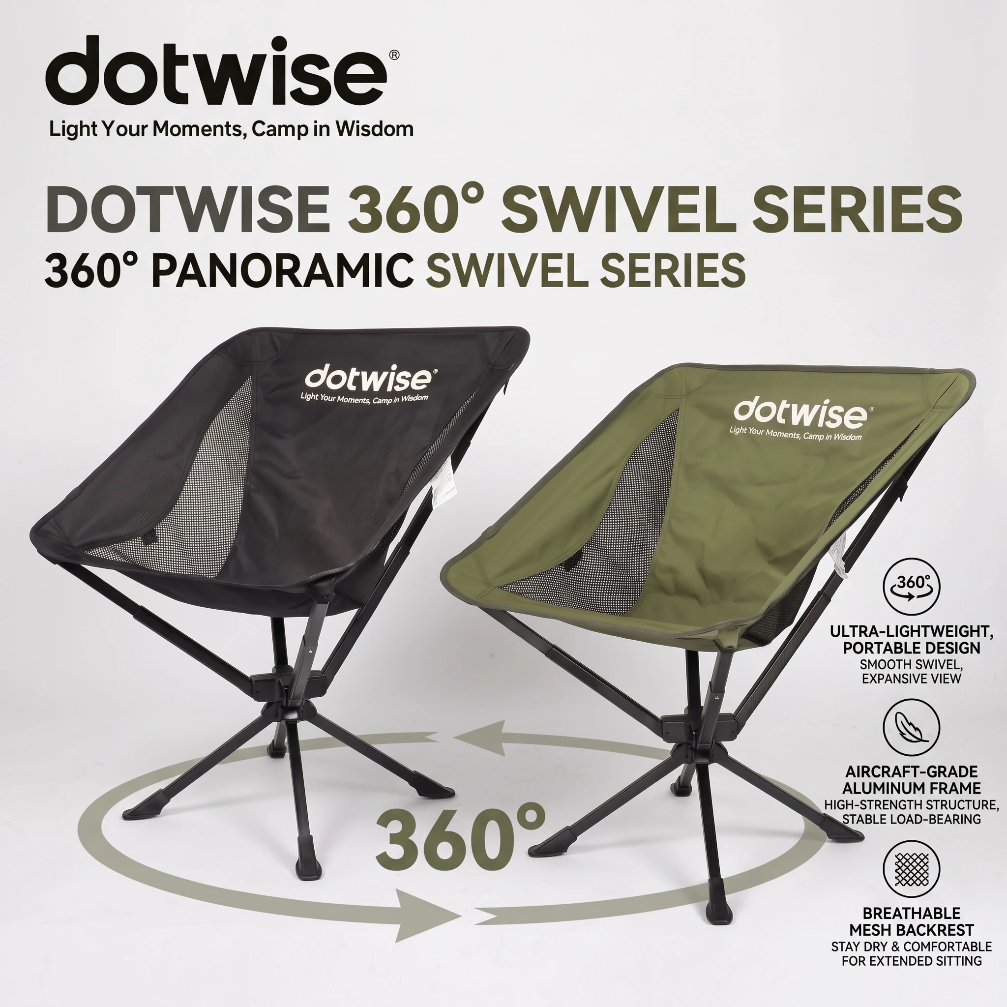 DOTWISE 360°Rotating Camping Chair Portable Outdoor Folding Chair Beach Chair Fishing Chair 5-Second Fast Open