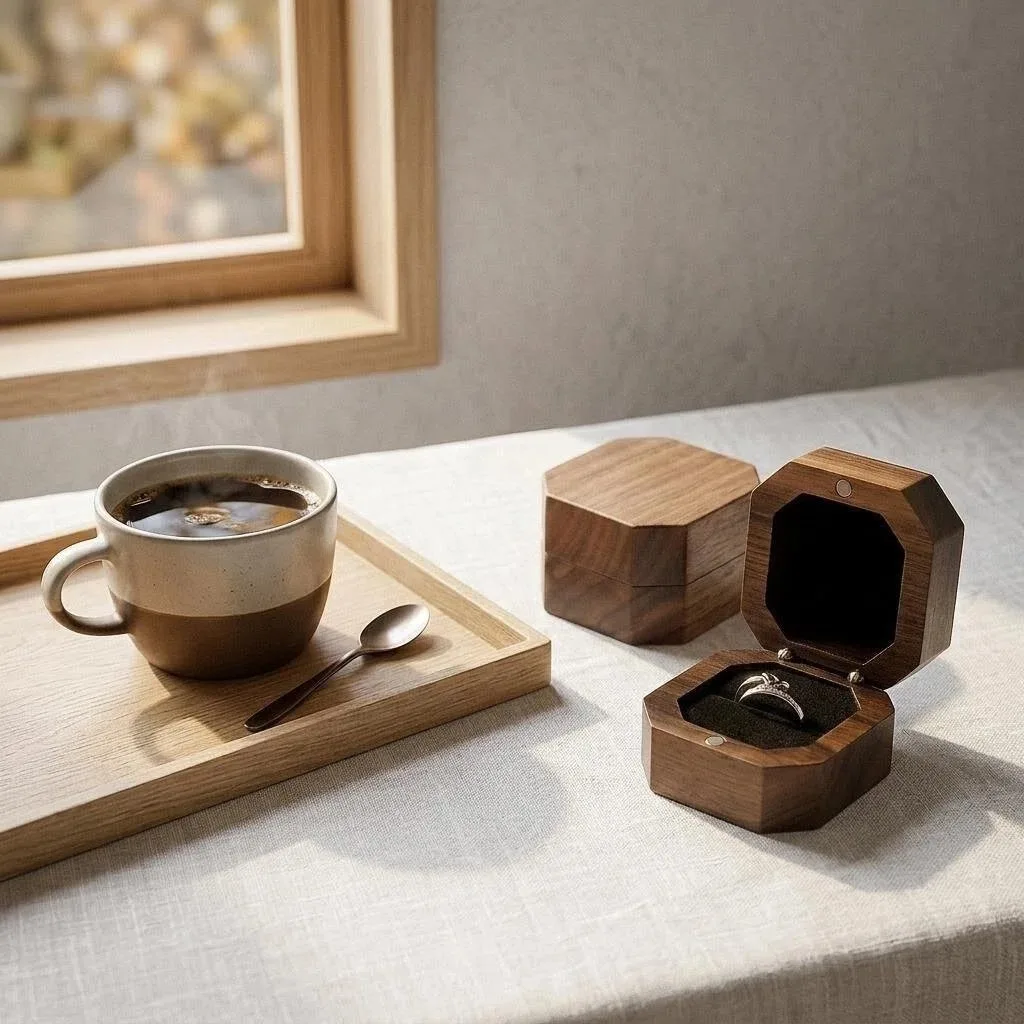 Chinese‑style Wooden Ornament Organizer, Vintage Walnut Portable Couple‑ring Storage Case