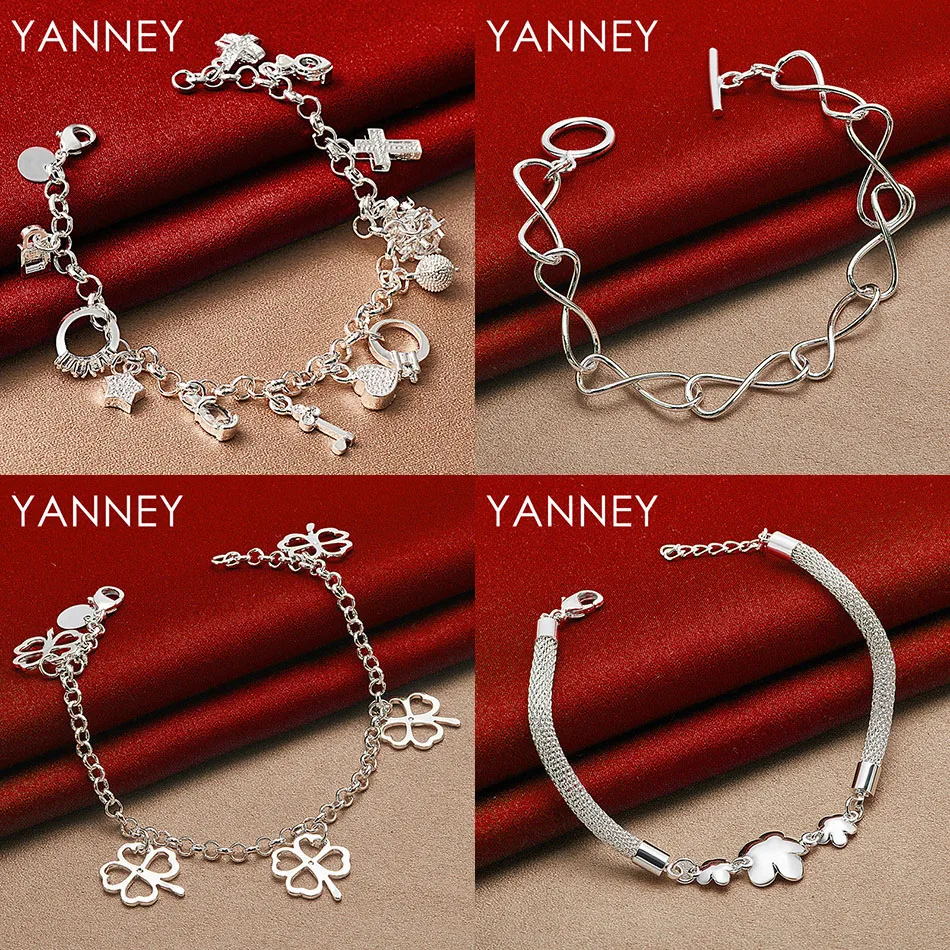 

925 Sterling Silver 8" Delicate Four Leaf Clover Geometric Bracelet Women Charm Jewelry Wedding Party Fashion