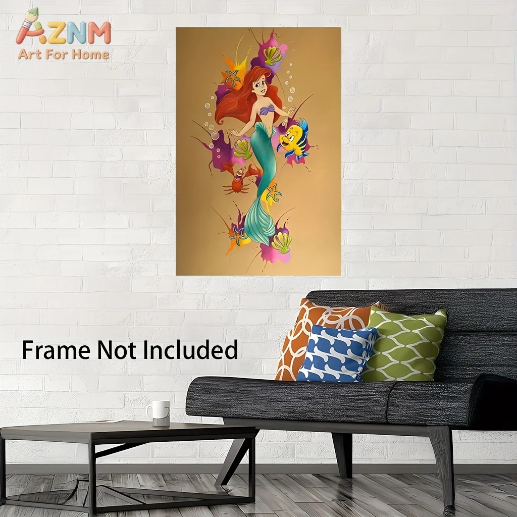AZNM Disney La Sirenita Ariel Flounder Sebastian, arte colorido con efecto de salpicadura, impresión plana 2D, lienzo sin marco, arte de pared para habitación de niños