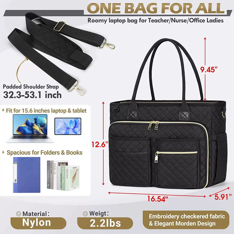 Teal Quilted Multi Pockets Tote Bags Casual Large Capacity Organizer for Work & Parenting 15.6-inch Laptop Bag