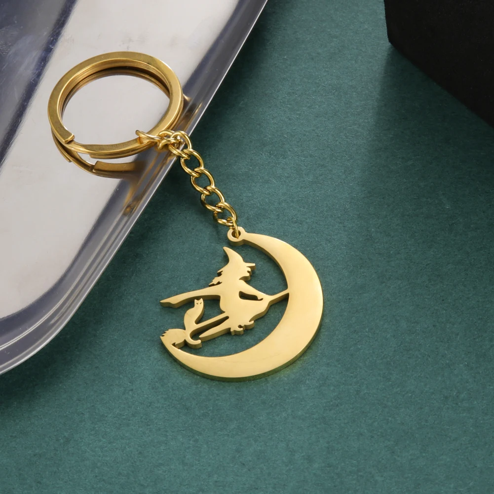 Unift Cat Broom Moon Witch Keychain Witchcraft Stainless Steel Car Key Chain Magical Supernatural Jewelry for Women Men Gift