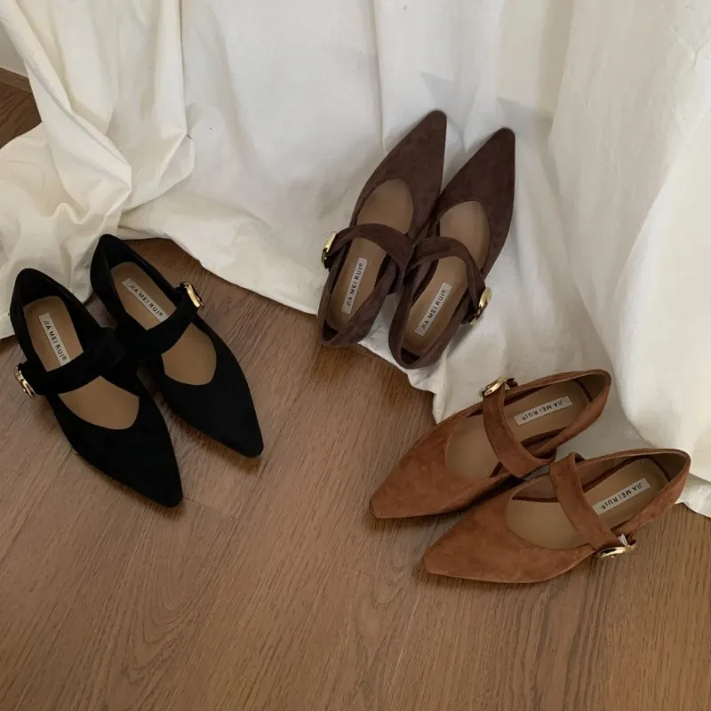 Women's Shoes Velvet Surface Slip-On Casual Pumps for Spring Autumn Winter Korean Style Pointed Toe Flat Low Heel Mary Janes