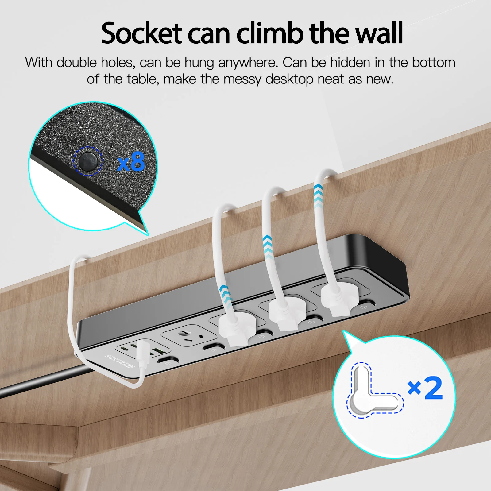 Australian Plug Multi-Functional Power Board, 4 Power Sockets, 2 USB-A and 4 Type-C Ports, 100-250V Independent Switch, 2m Cable