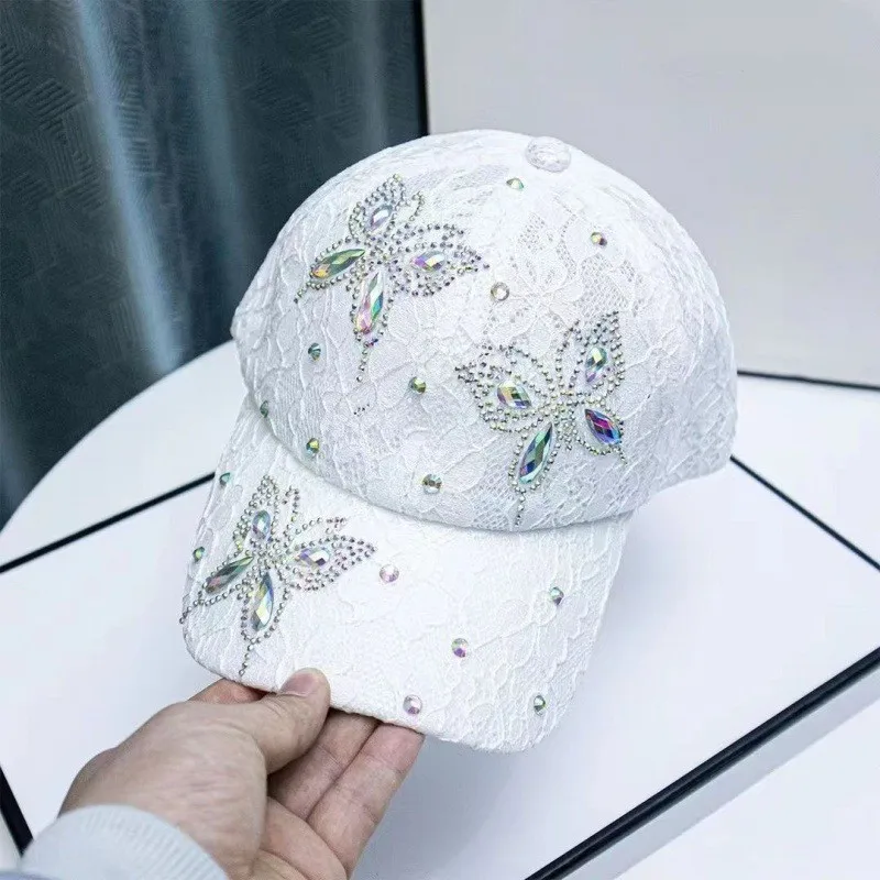 Lace Small Flowers Baseball Cap Butterfly Rhinestone Duck Tongue Cap High-grade Breathable Net Cap Sunshade Breathable Sun Hat