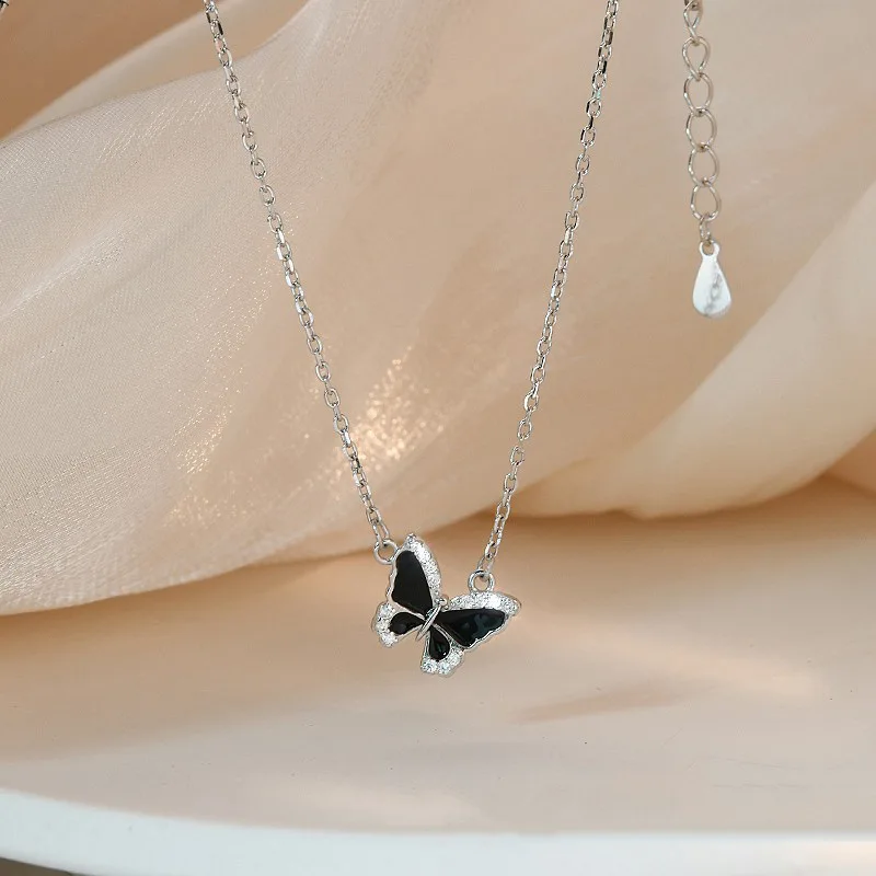 New Trendy Silver Color Necklace Black Butterfly Clear CZ Elegant Oblique for Women Girl Fashion Jewelry Dropship Wholesale