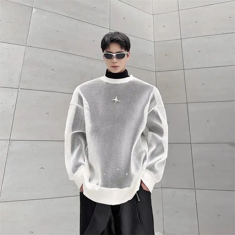 Summer Hollow Out Mesh Men Long Sleeve O Neck Sweatshirt Street Fashion Hip Hop Personality Casual Oversized Clothes Black White