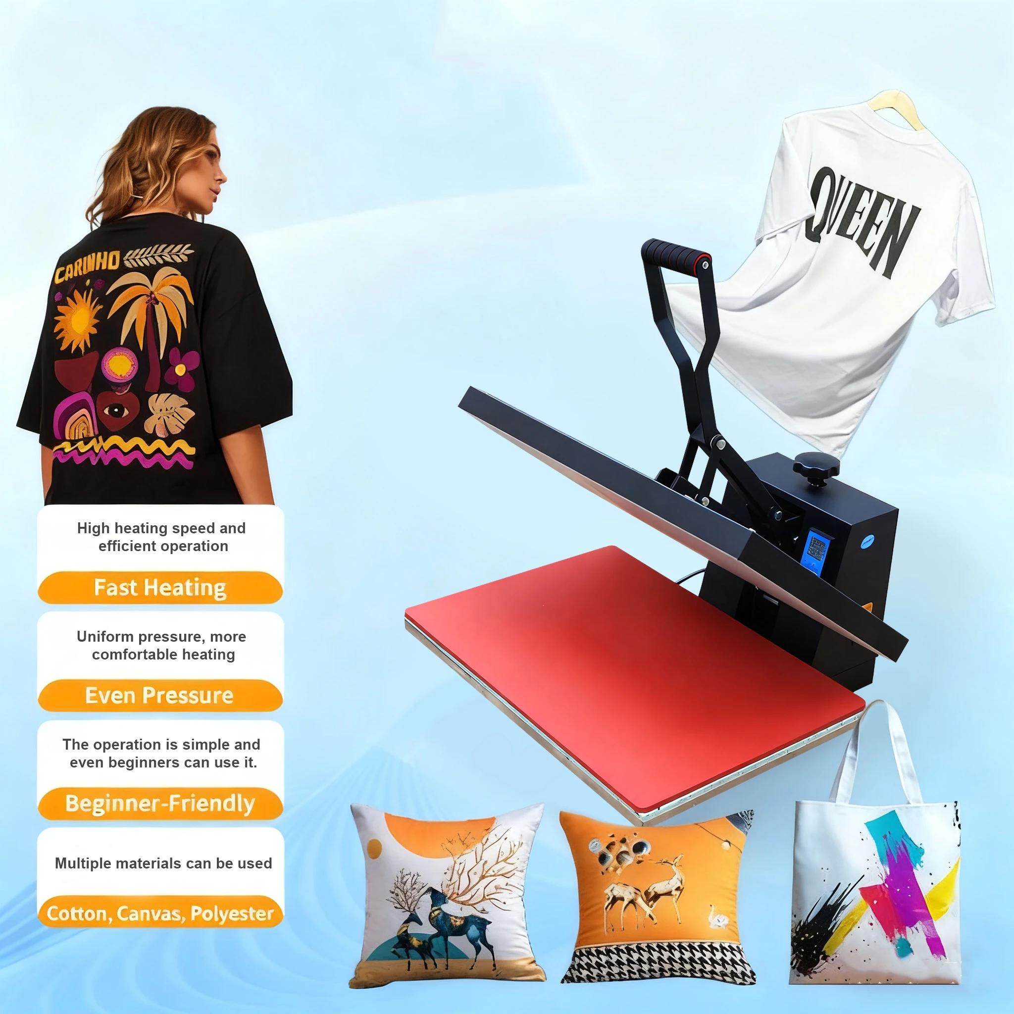 

T-Shirt Printing Machine Hot Pres 15"x15"/ 15.7"x23.6"Sublimation Printer Manual Clamshell Transfer on DIY T-shirt Pillow