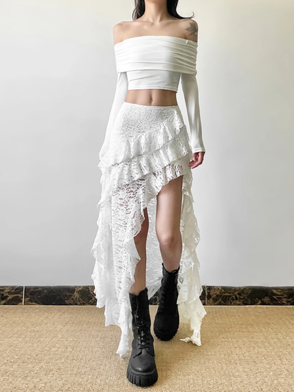 

Sisjuly Extreme Lace Overskirt with Pleated Hem Soft Comfortable Unlined Midi Skirt Asymmetrical Design for Women