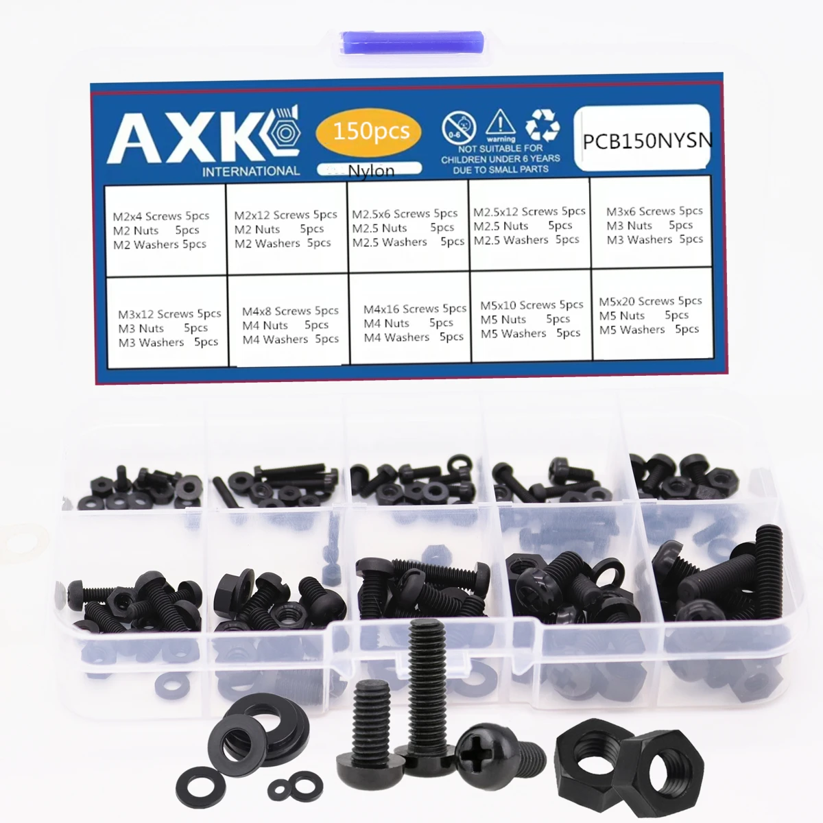 150 Stück neue tragbare M2 M2,5 M3 M4 M5 Nylon schwarz Sechskantschraube Bolzen Mutter Abstandshalter Abstandshalter Sortiment Set nicht magnetisch mit Box