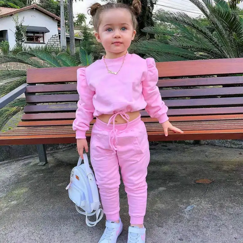 1-8Years Children\'s Kids Girls Fall Clothing Outfits Solid Color Long Sleeve Crop Tops+Sport Pants Trousers Fashion Clothes Sets