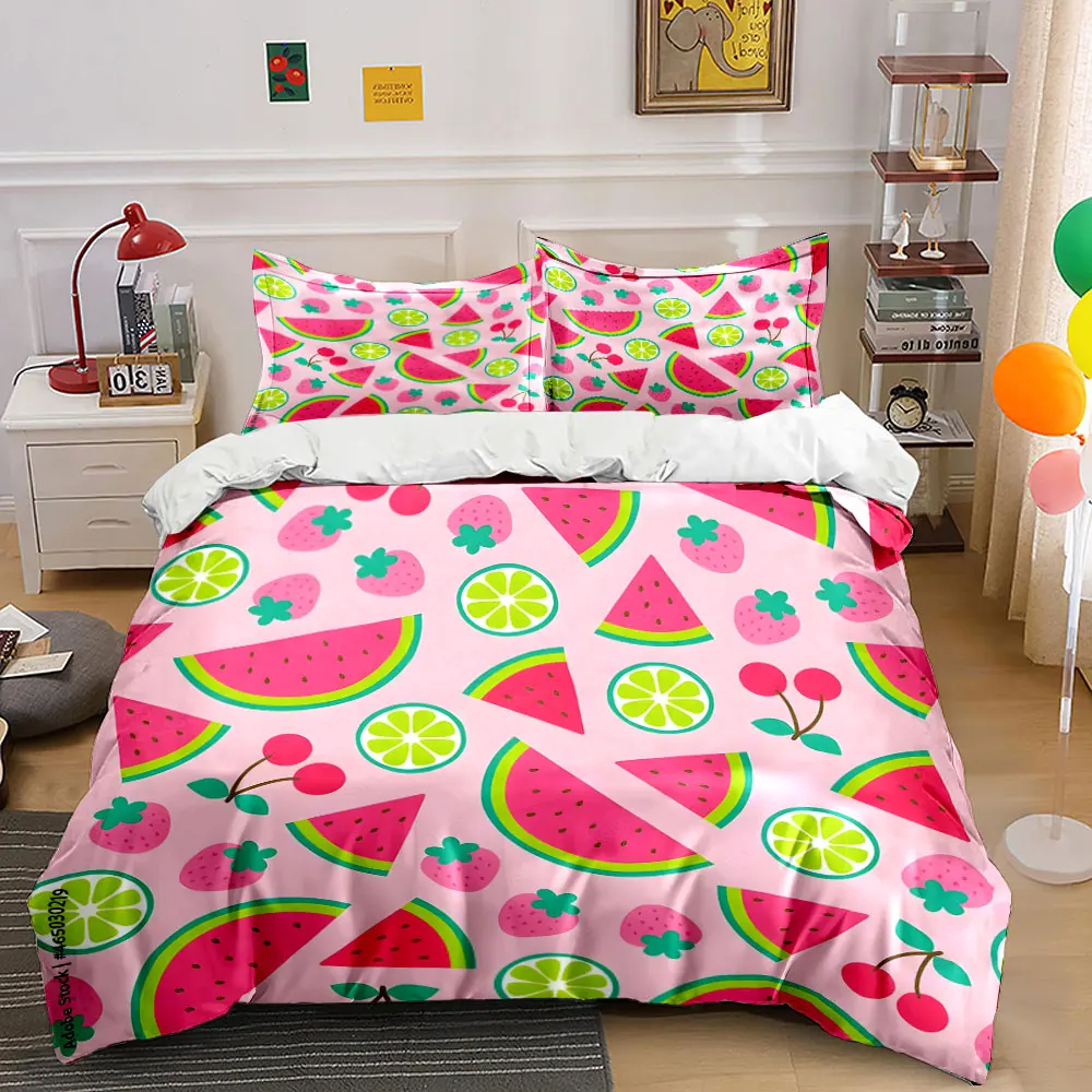 Watermelon and lemon fruit pattern Bedding Set for Kids Luxury Gift 3pcs Digital Print Comforter Set Soft Comfortable Breathable
