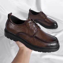 Men Leather shoes Platform Oxfords lace up Thick Tottom Male Derby Shoes lace up Casual Mens Square Toe Formal Dress Shoes men