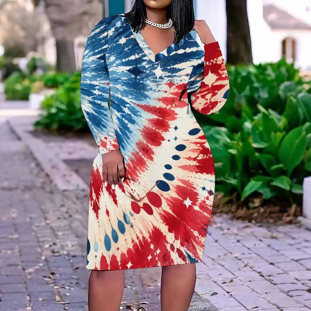 Women V Neck Long Sleeve Red Blue Off-white Tie Dye Star Dot Printed Fitted Dress