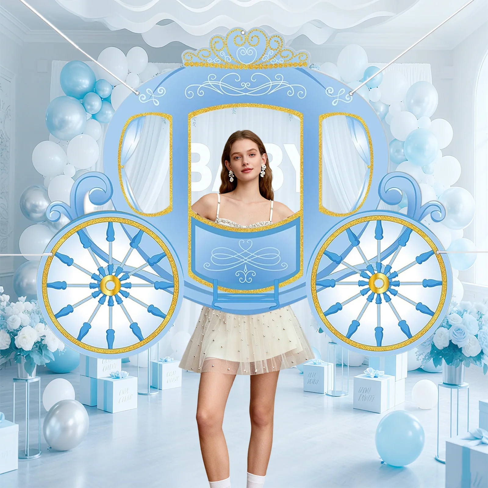 Decoraciones para fiesta de cumpleaños de princesa azul, carro de princesa, accesorios para fotomatón, telón de fondo, carro de calabaza, fondo temático de princesas