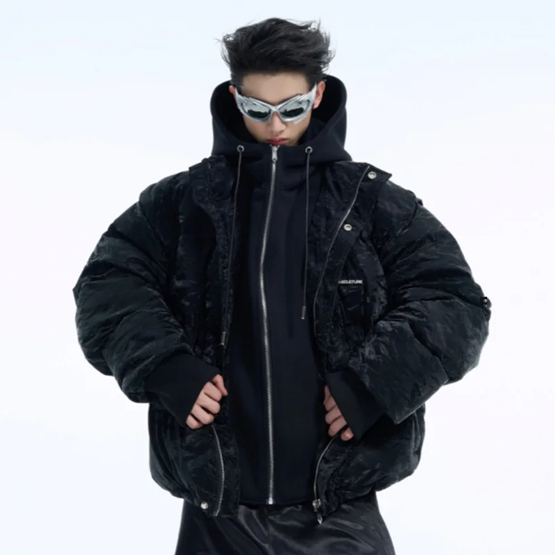 IEFB New Winter Men's Padded Jackets Fake Two-piece Plush Thick Cotton Hooded Splicing Design Fashion Zipper Male Coat 24E5177