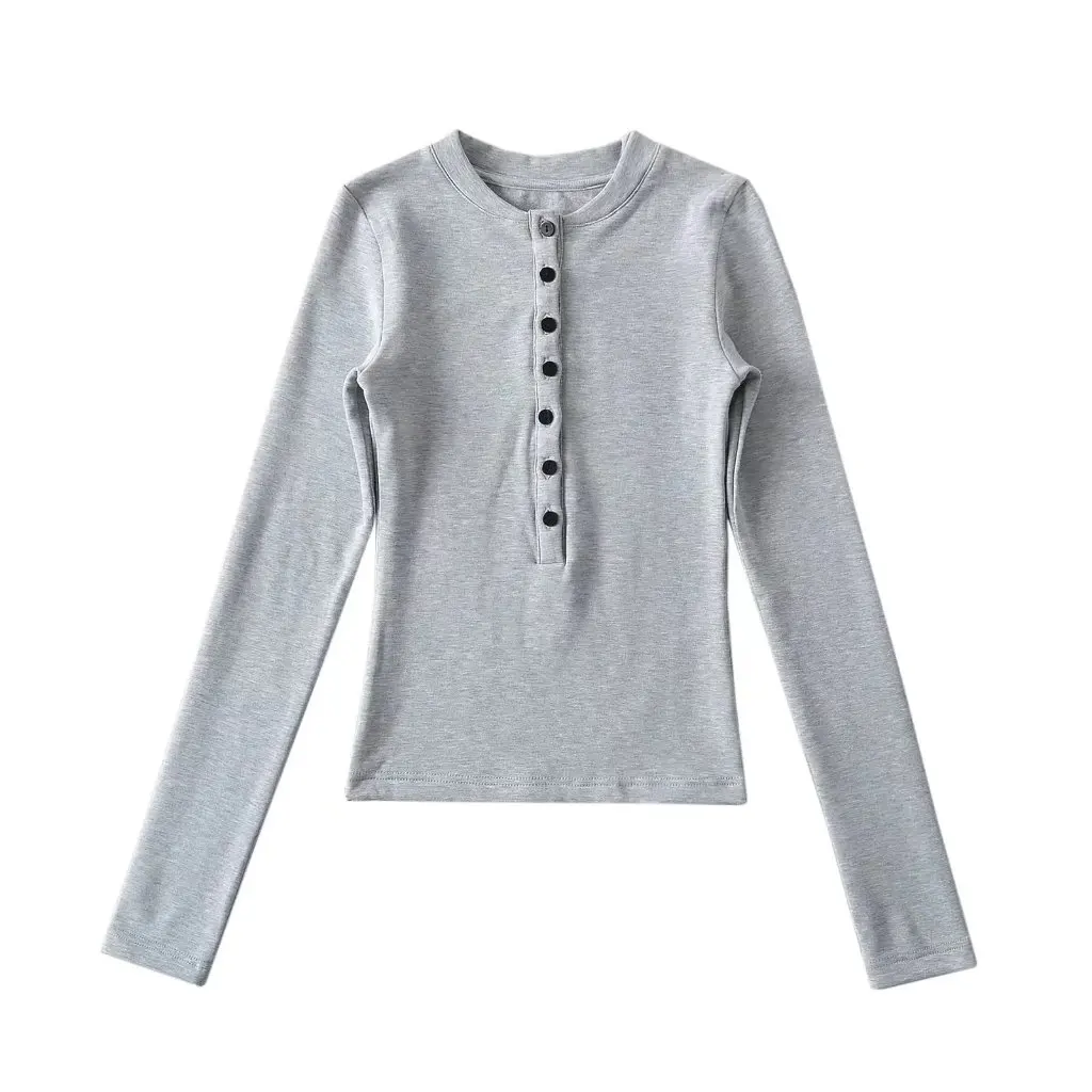 

Women's Slim Fit Long Sleeve T-Shirt round Neck Buckle Detail Basic All Match Shoulder Top for Hot Girls