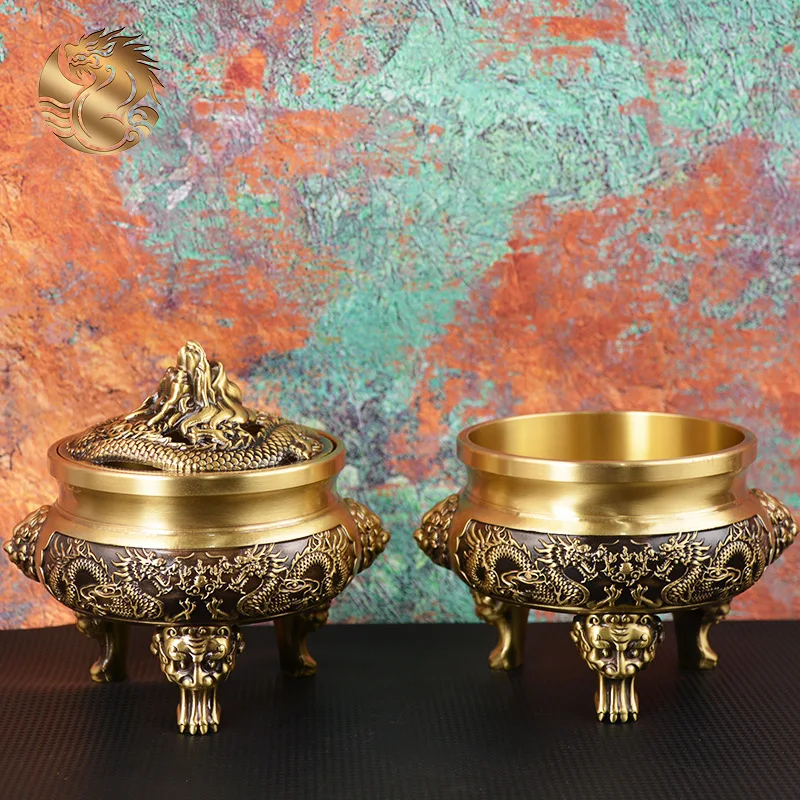 

Brass Relief Double Dragon Playing with Pearl Offering Three-Legged Incense Burner Copper Ornament