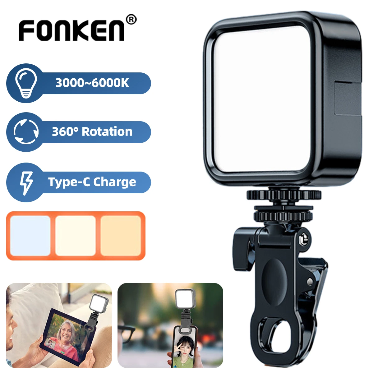 

FONKEN Mini LED Fill Light Tri color illumination Cell Phone Laptop Clip Ring Flash Fill Lamp Photo Video Photography Lamp