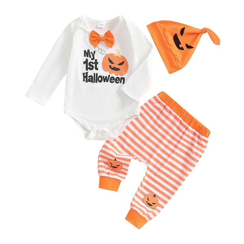 

Karuedoo My 1st Halloween Baby Boy Outfit Newborn Pumpkin Long Sleeve Bowtie Romper Striped Pants Hat 3Pcs Clothes Set