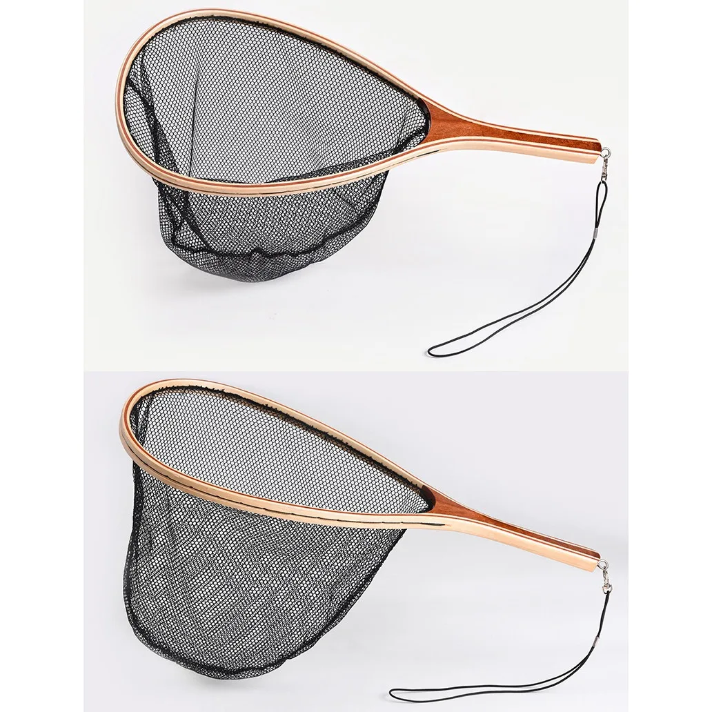 Fly Fishing Landing Net Wooden Handle Nylon Landing Handle Trout Mesh Fish Catch Release Scoop Fishing Tool